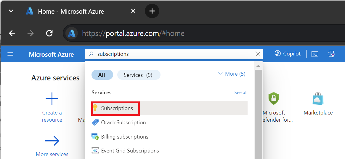 Screenshot showing where to search for Subscriptions in the Azure portal.
