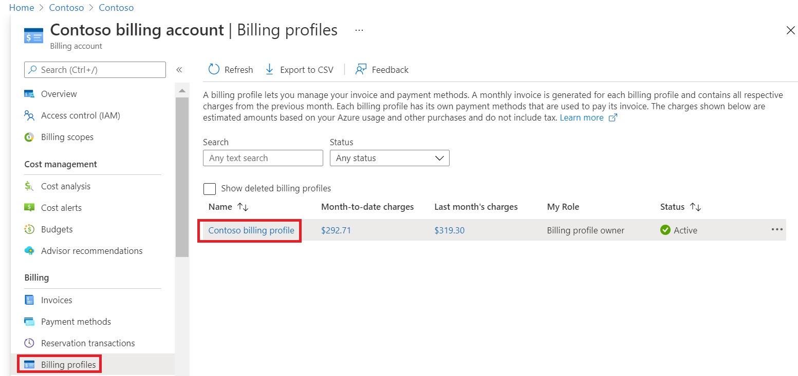 Screenshot that shows selecting billing profiles.