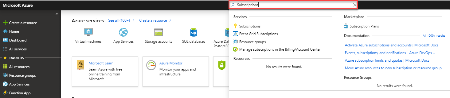 Screenshot that shows search for subscription in the Azure portal.