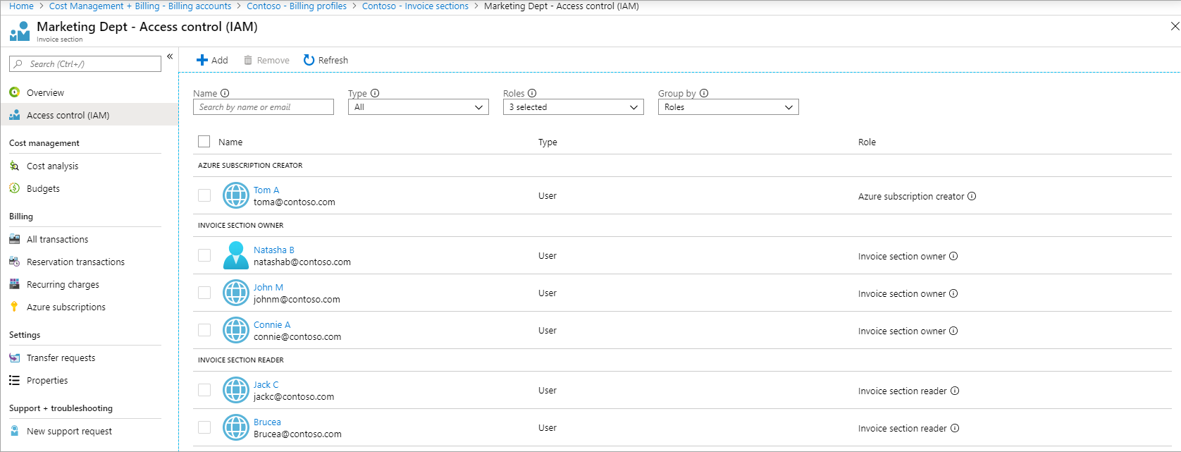 Screenshot that shows access of department and account admins post transition.