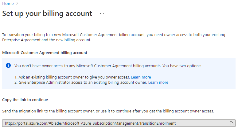 Screenshot showing the Set up your billing account page - Microsoft Customer Agreement billing account.