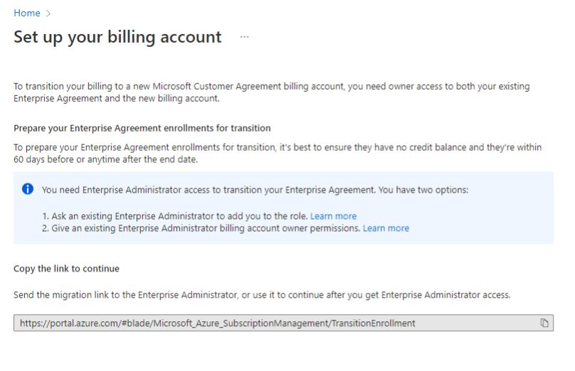 Screenshot showing the Set up your billing account page - Prepare your Enterprise Agreement enrollments for transition.