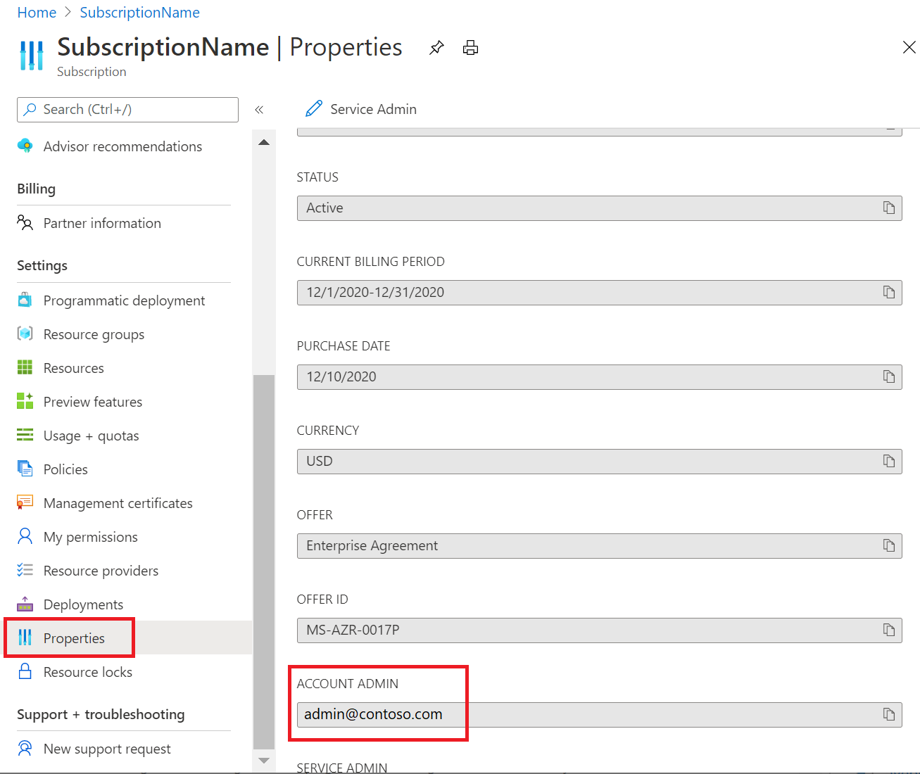 Image showing subscription properties where you can view the Account Admin