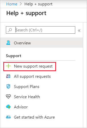 Screenshot of the New support request link.