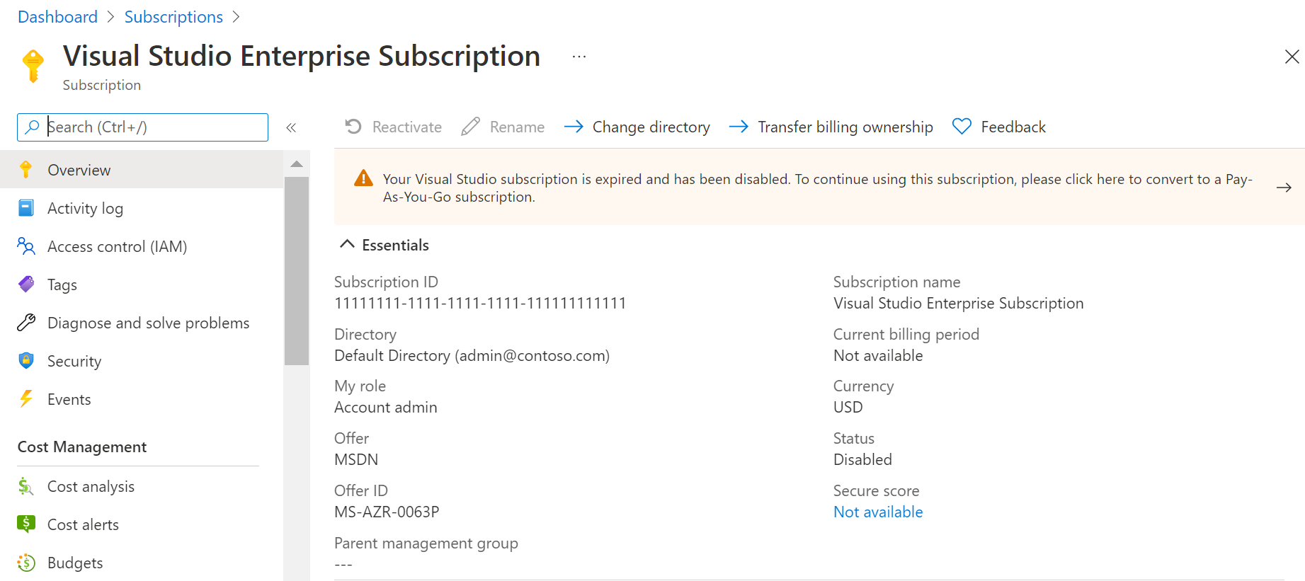 Screenshot showing an expired subscription with the banner to convert it.
