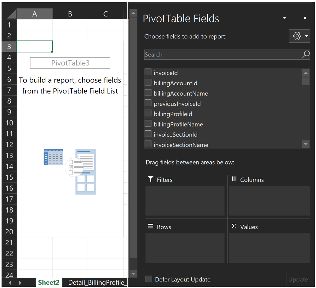 Example showing the PivotTable fields area