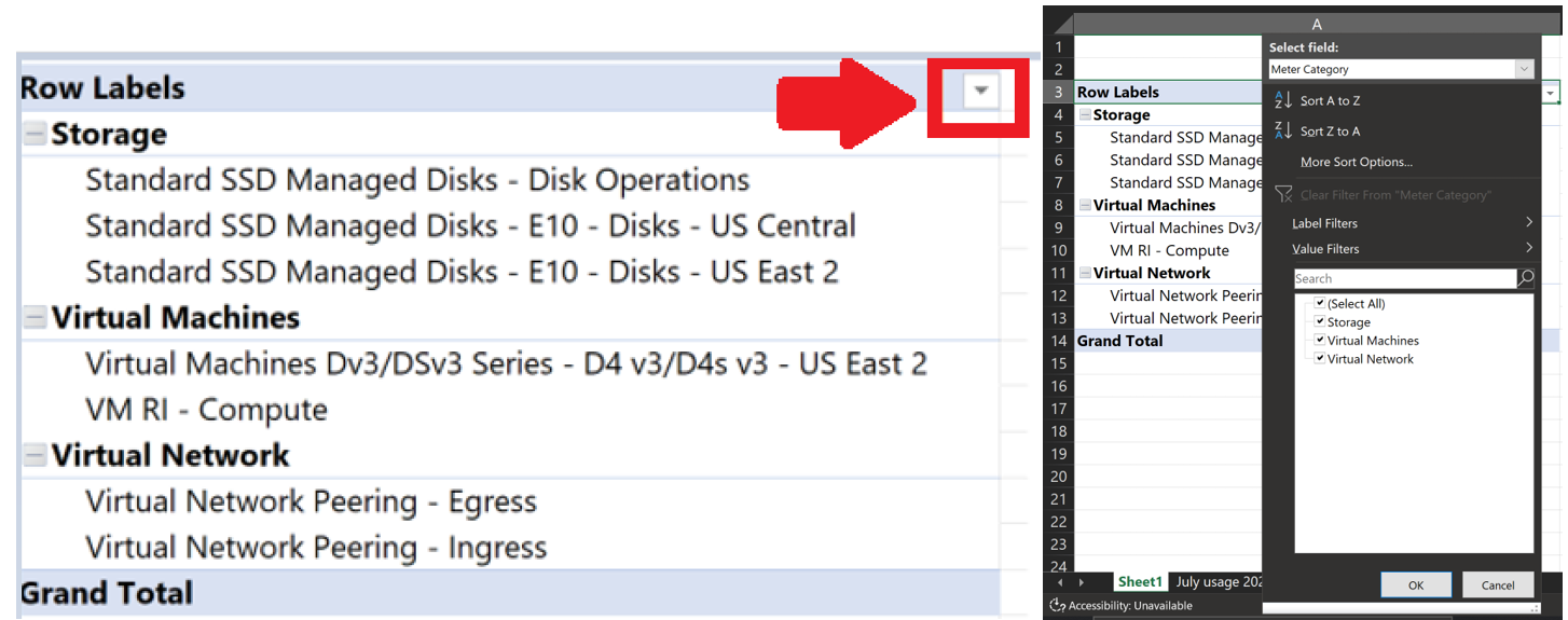 Example showing pivot table filter option for row label