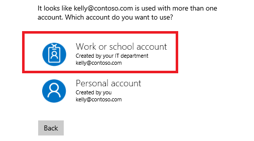 Screenshot showing work or school account selection.