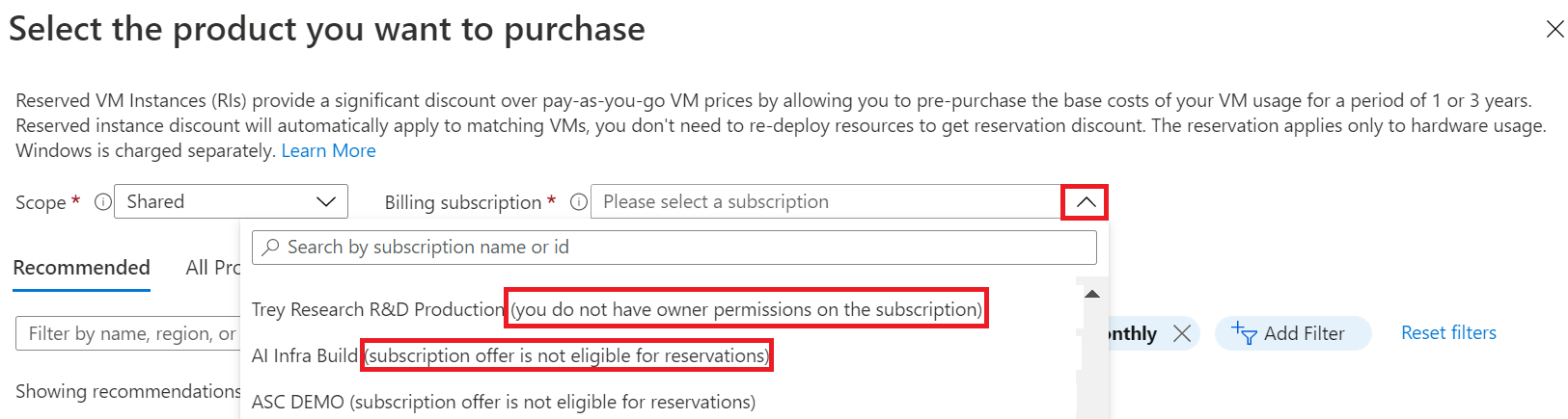 Example showing why a reservation can't be purchased