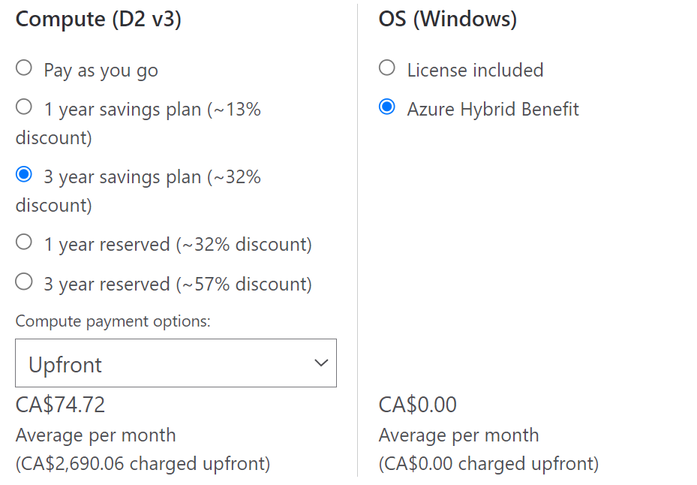 Example screenshot showing the Azure pricing calculator upfront compute charge value example.