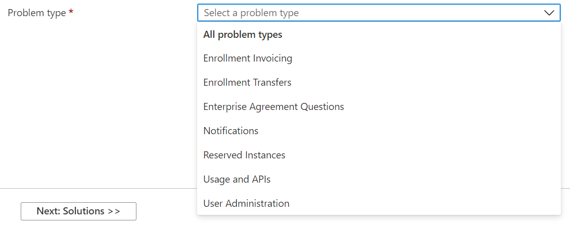 Screenshot showing Select a problem type.