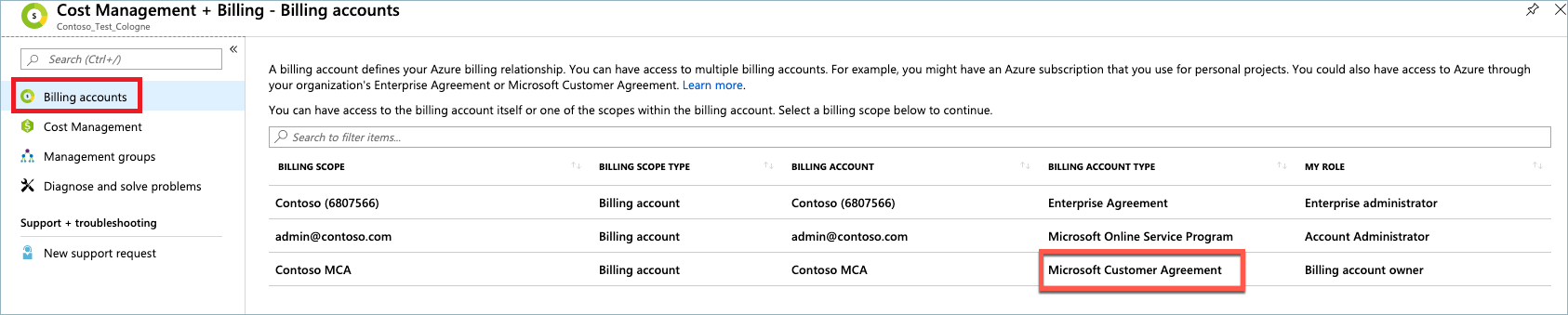 Screenshot showing the Microsoft Customer Agreement type on the Billing Accounts page.