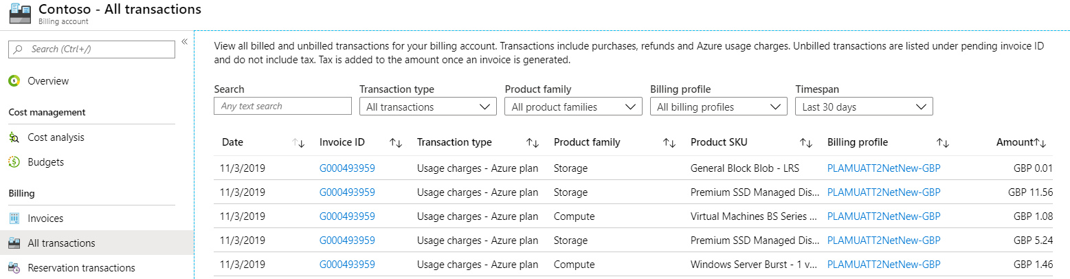 Screenshot that shows the billed transactions list