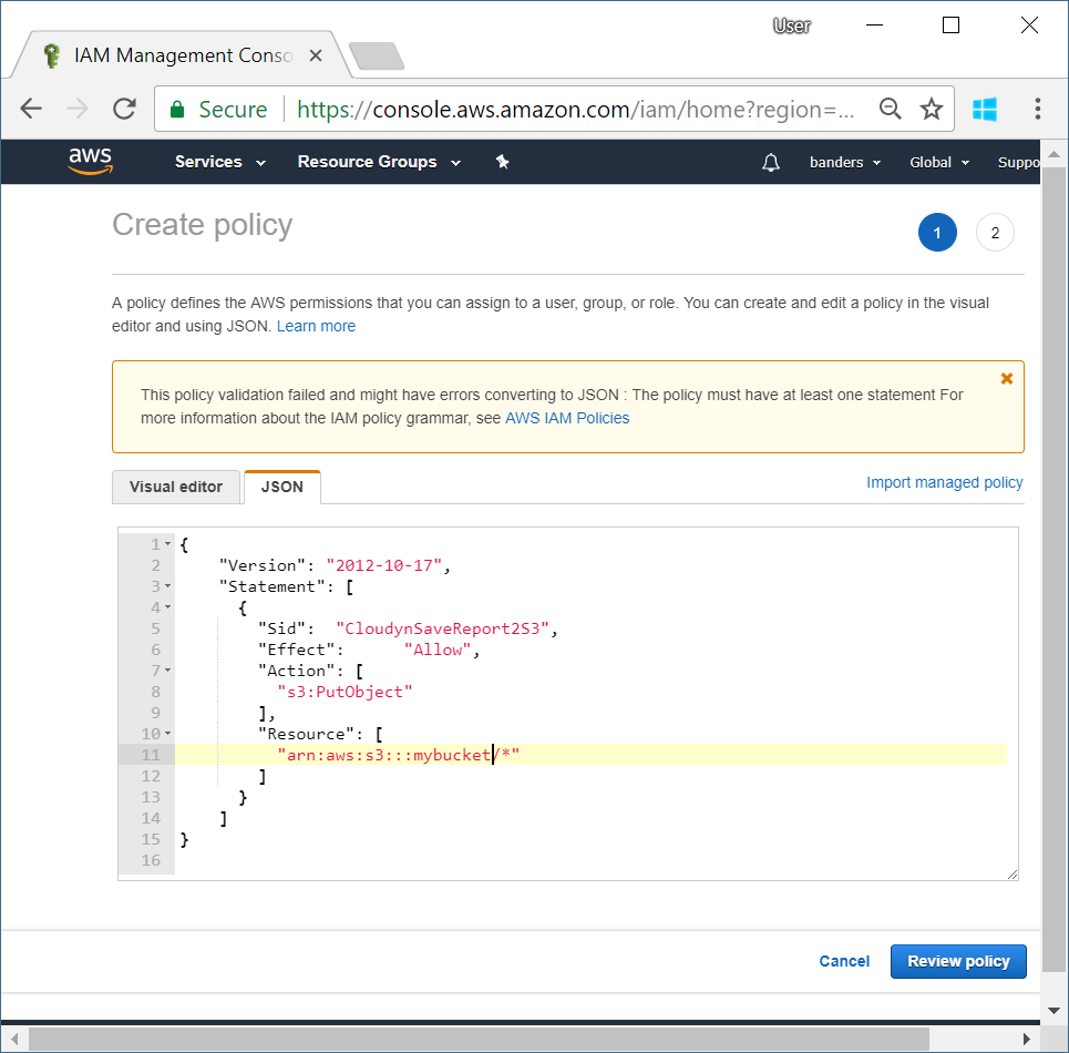 AWS JSON policy showing example information