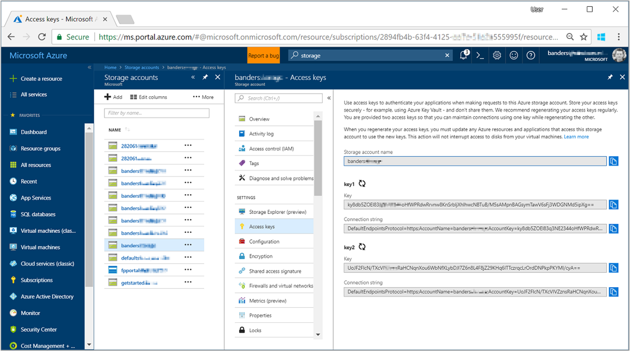 Copy storage account name and connection string