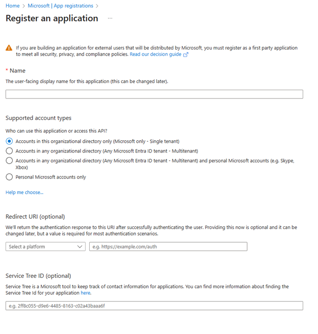 App registration creation view