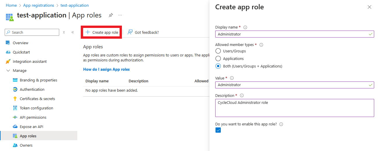 App roles configuration window