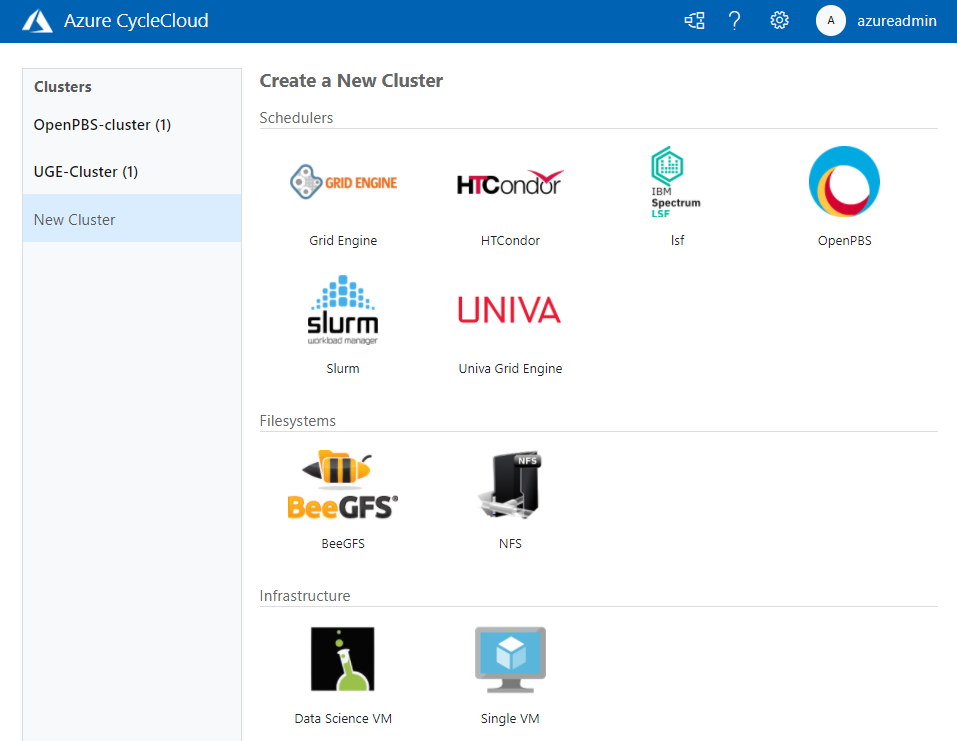CycleCloud Create New Cluster Screen
