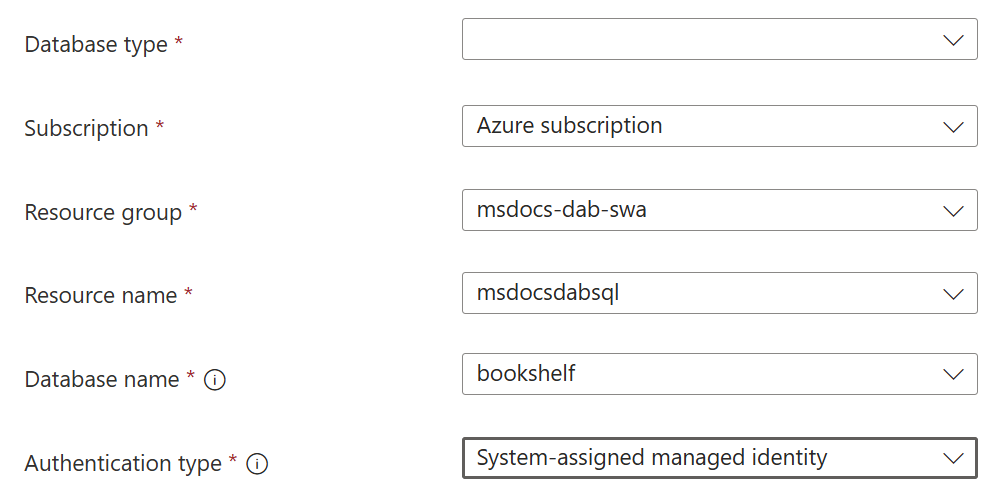 Screenshot of the `Link database` dialog for database connections in the Azure Static Web Apps page of the Azure portal.