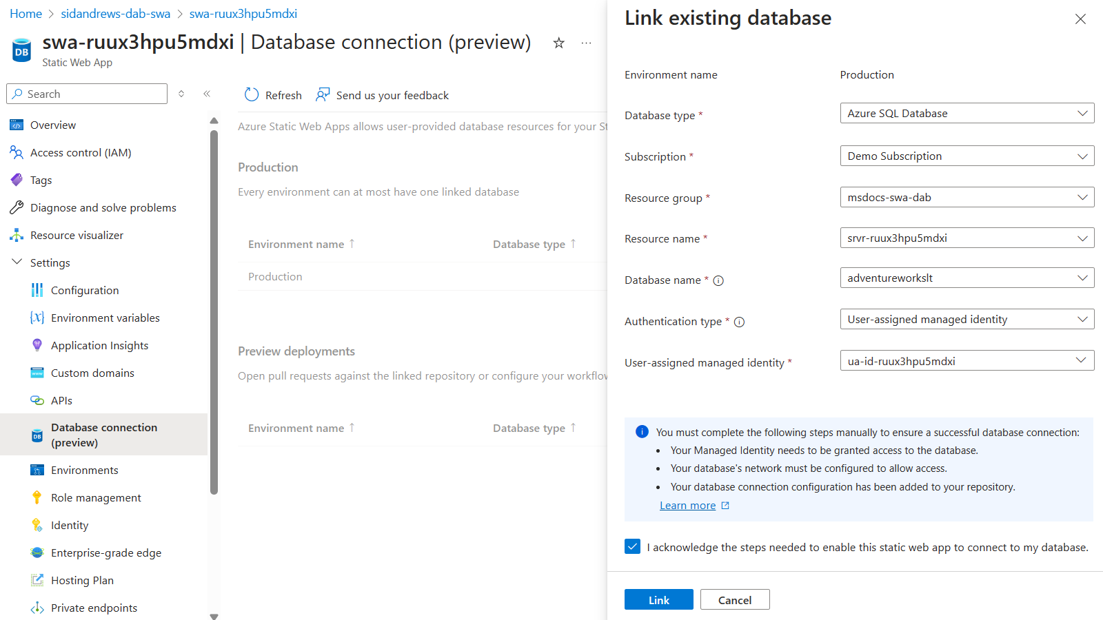 Screenshot of the database connection page for a static web app in the Azure portal.