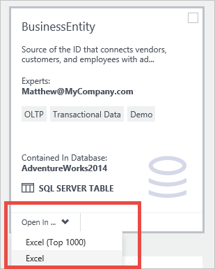 Opening a SQL Server table in Excel from the data asset tile by selecting the Open In tab.
