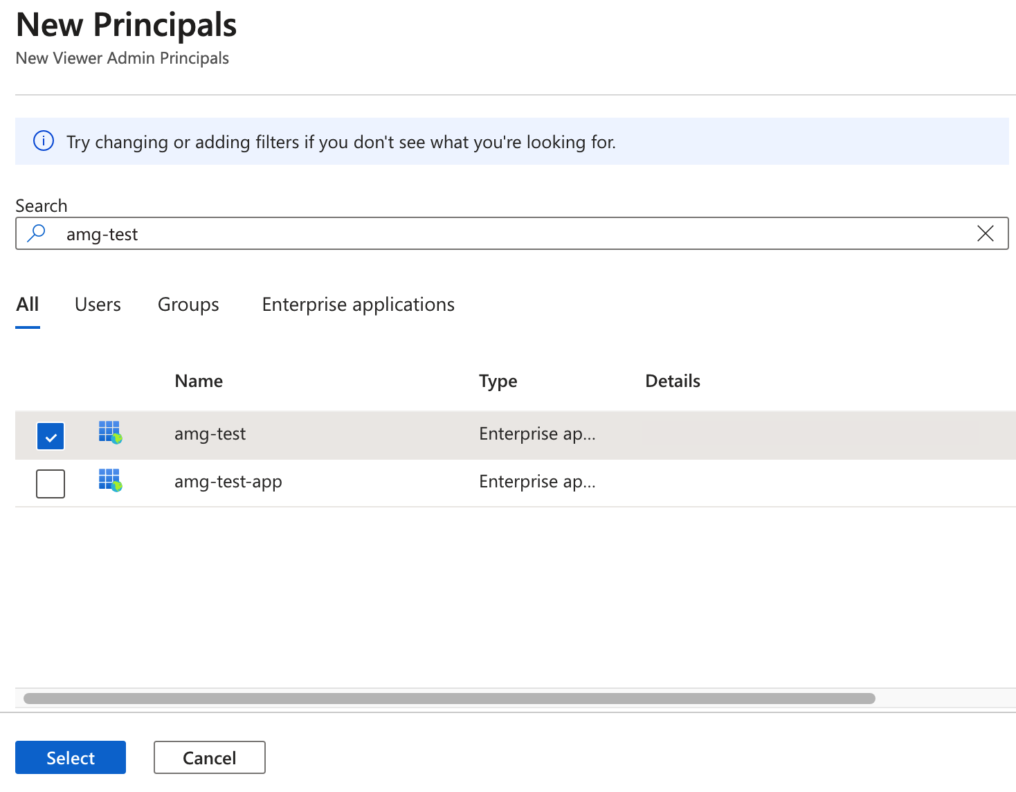 Screenshot of the pane for new principals and a selected workspace name.