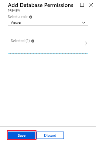 Screenshot of the Add Database Permissions pane in the Azure portal. The Save button is highlighted.