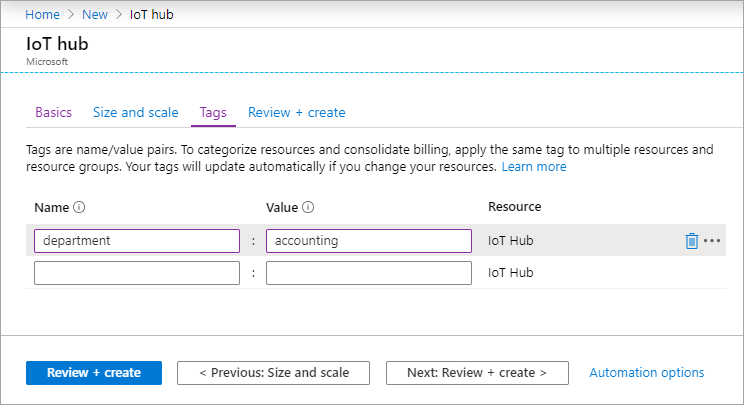 Assign tags for the hub using the Azure portal.