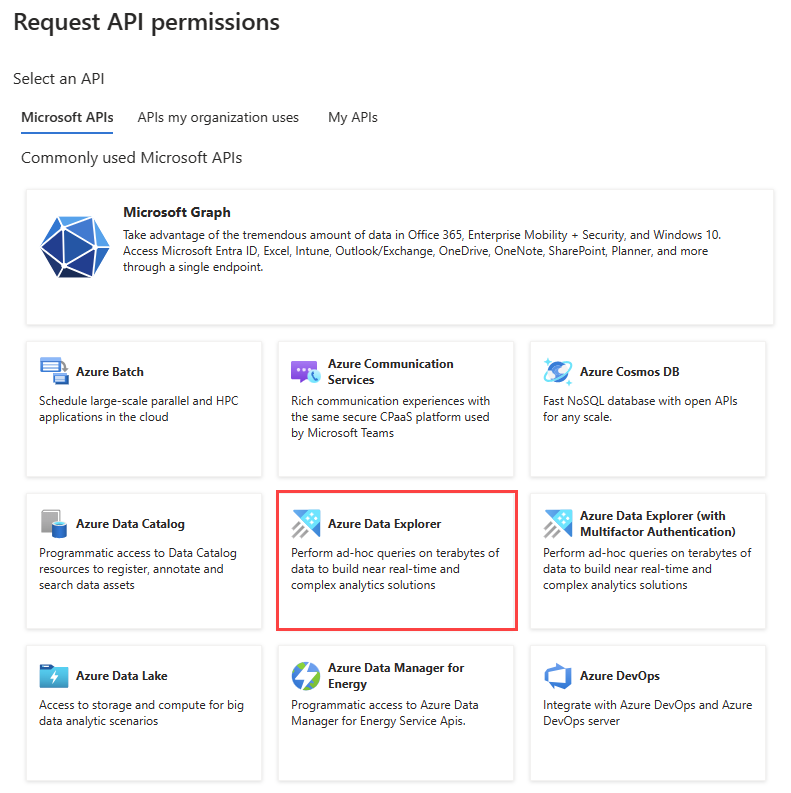 Screenshot showing how to add Azure Data Explorer API permission.