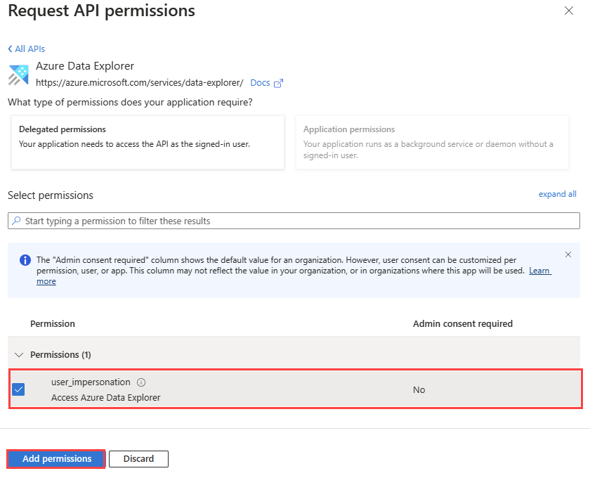 Screenshot showing how to select delegated permissions with user impersonation.
