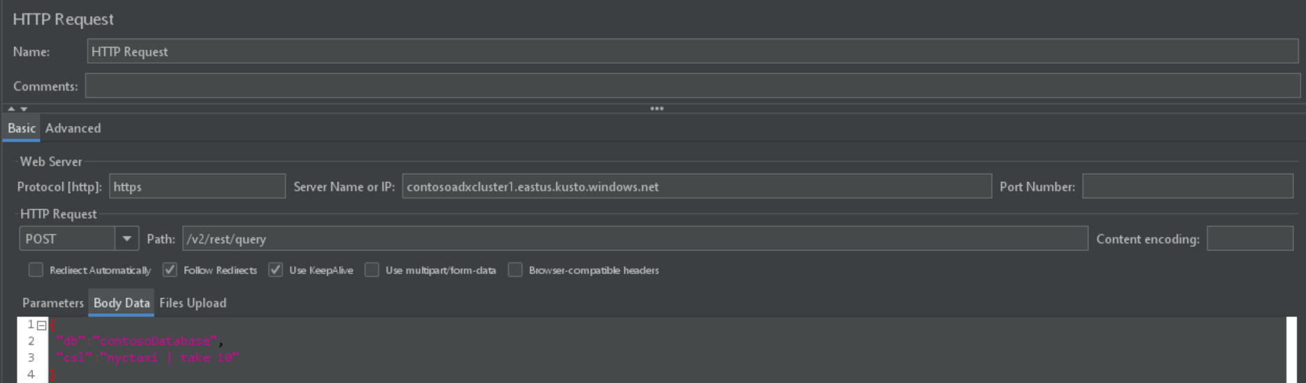 Screenshot of POST request, showing the body properties and the parameters of the API request.