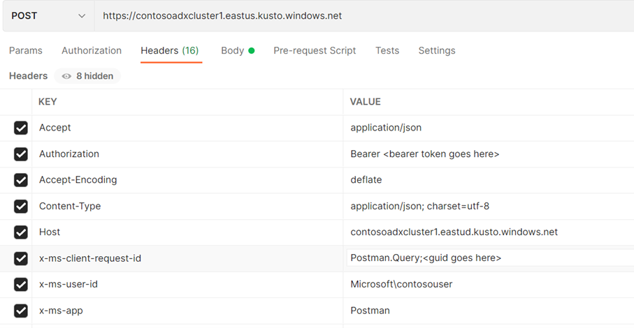 Screenshot of POST request, showing the parameters for the API request.