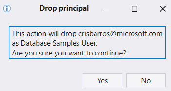 Screenshot of Drop principal window showing a confirmation request for dropping an authorized principal.