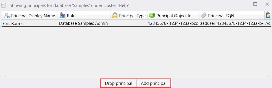 Screenshot of the Manage authorized principals window. The options titled Drop principal and Add principal are highlighted.