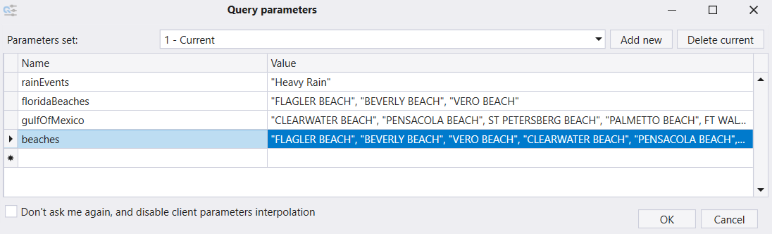 Screenshot of the Query parameters window showing the defined parameters.