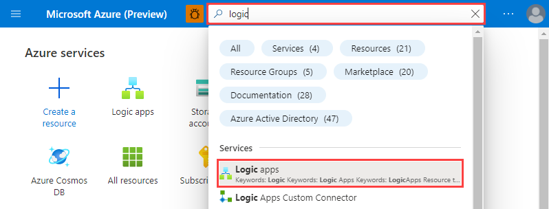 Screenshot of the Azure portal, showing the search for Logic apps.