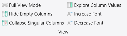 Screenshot of the Home tab section titled View that shows options for altering the data view.