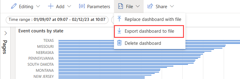 Screenshot of dashboard, showing the export to file option.