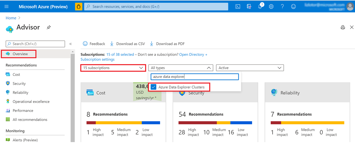 Use Azure Advisor recommendations to optimize your Azure Data Explorer  cluster - Azure Data Explorer | Microsoft Learn