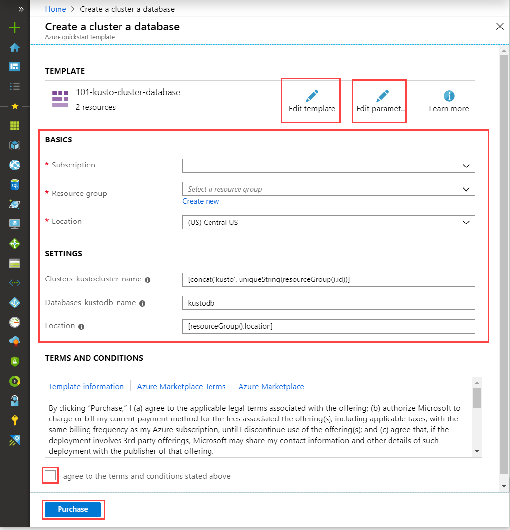 Screenshot of a template on the Azure portal. All buttons, boxes, and check boxes used in editing are highlighted.