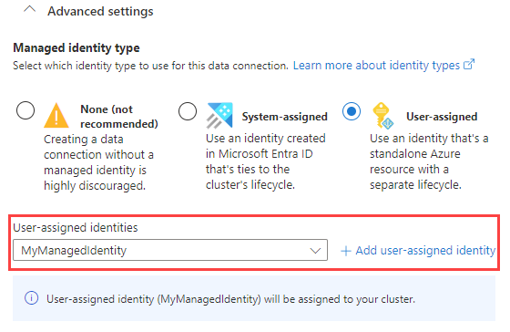Screenshot of the advanced settings section showing the managed identity types that can be used for the data connection.