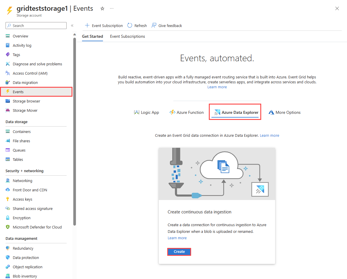 Screenshot of the Azure storage account Events page, showing the Azure Data Explorer tab.