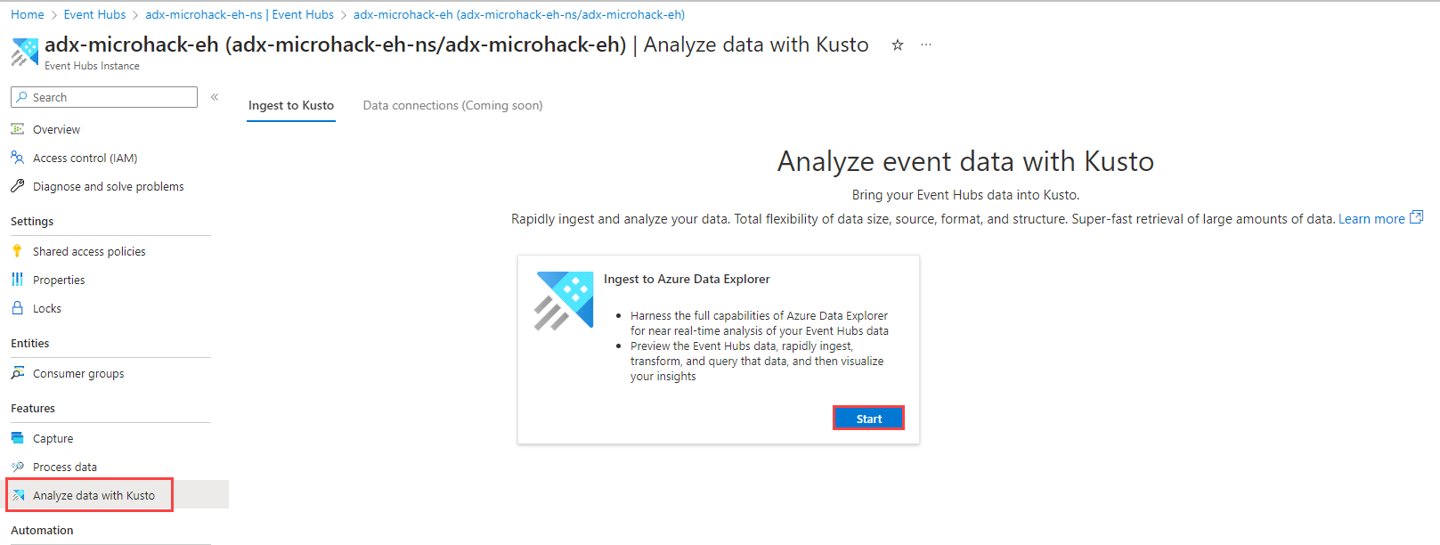 Screenshot of the Azure portal with the analyze data with Kusto feature selected.