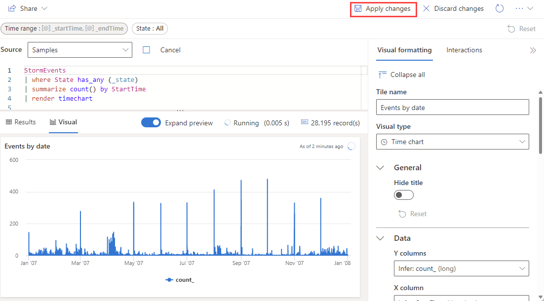 Screenshot of how to save the changes to your dashboard tile in Azure Data Explorer web UI.