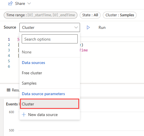 Screenshot of selecting a data source parameter in the query.