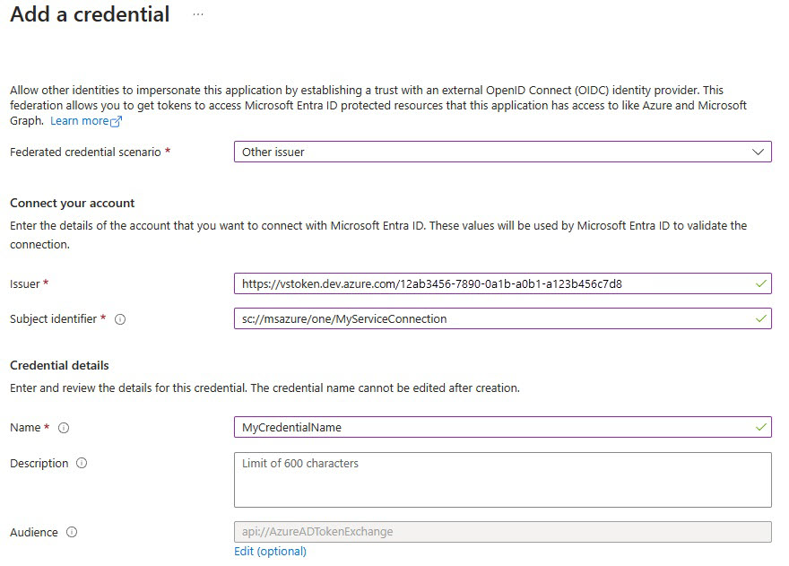 Screenshot showing how to create a new service connection with Federated Identity Credentials.