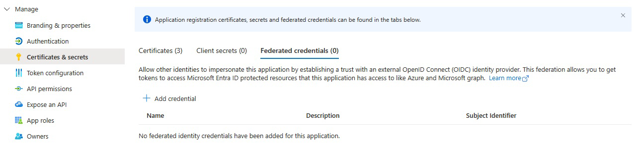 Screenshot showing the federated credentials tab of the Microsoft Entra app.
