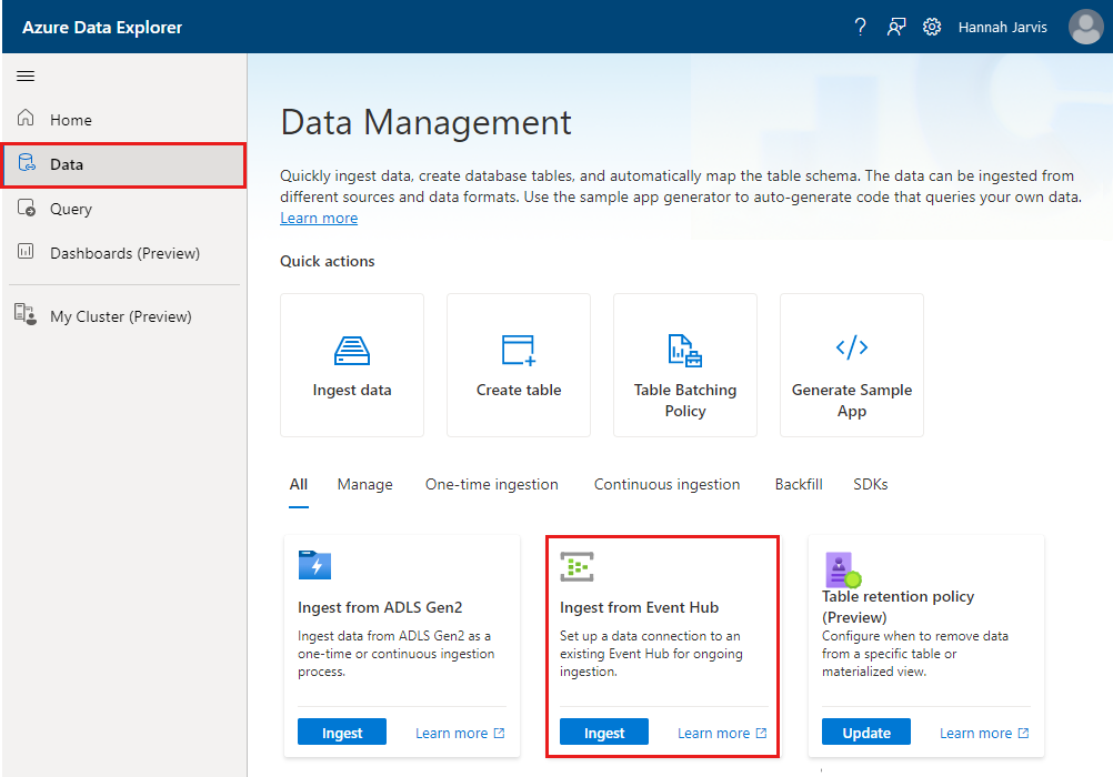 Select the ingestion wizard in the Azure Data Explorer web UI.