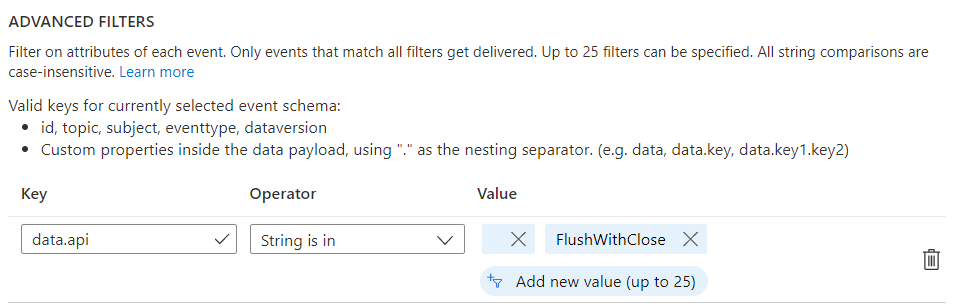 Screenshot showing how to filter for flush and close events.