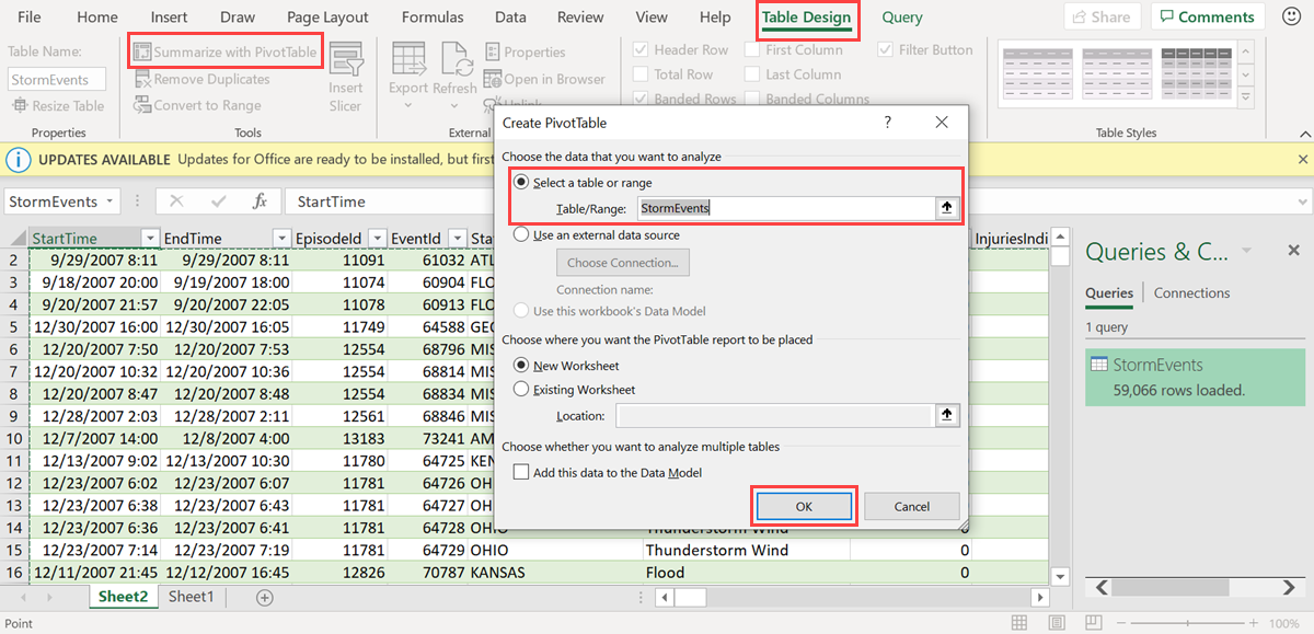 Screenshot that shows how to create a PivotTable.